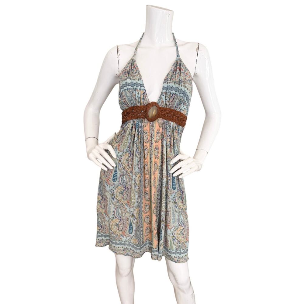 Sky Brand Vintage Y2K Dress Paisley Babydoll Braided Suede Stone Boho Medium